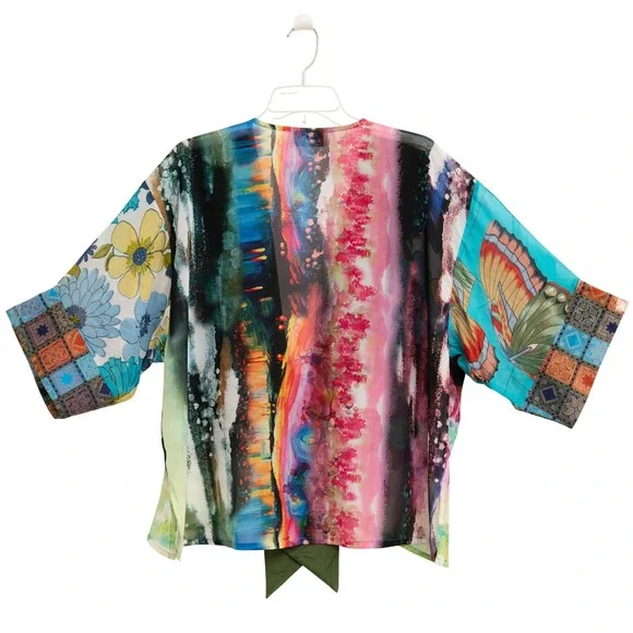Kimono Silk Jacket OS Artistic Abstract Wearable Art Colorful Eclectic Geometric - Picture 6 of 7